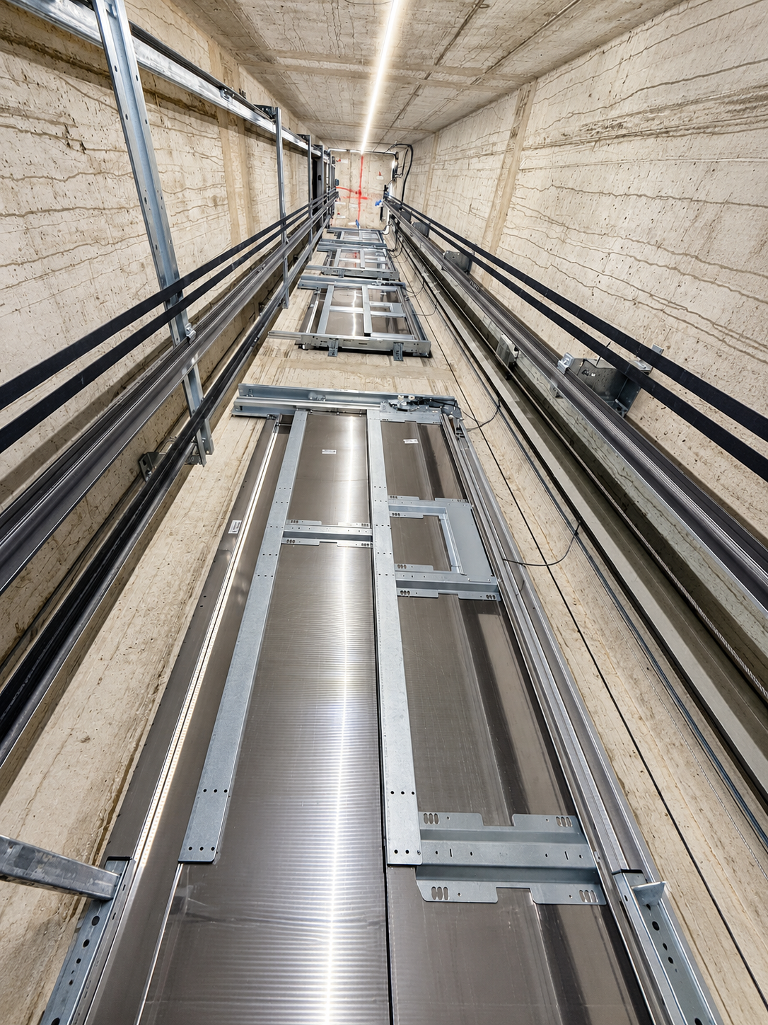 View looking up an empty elevator shaft with metal framework, cables, and tracks inside a concrete building.
