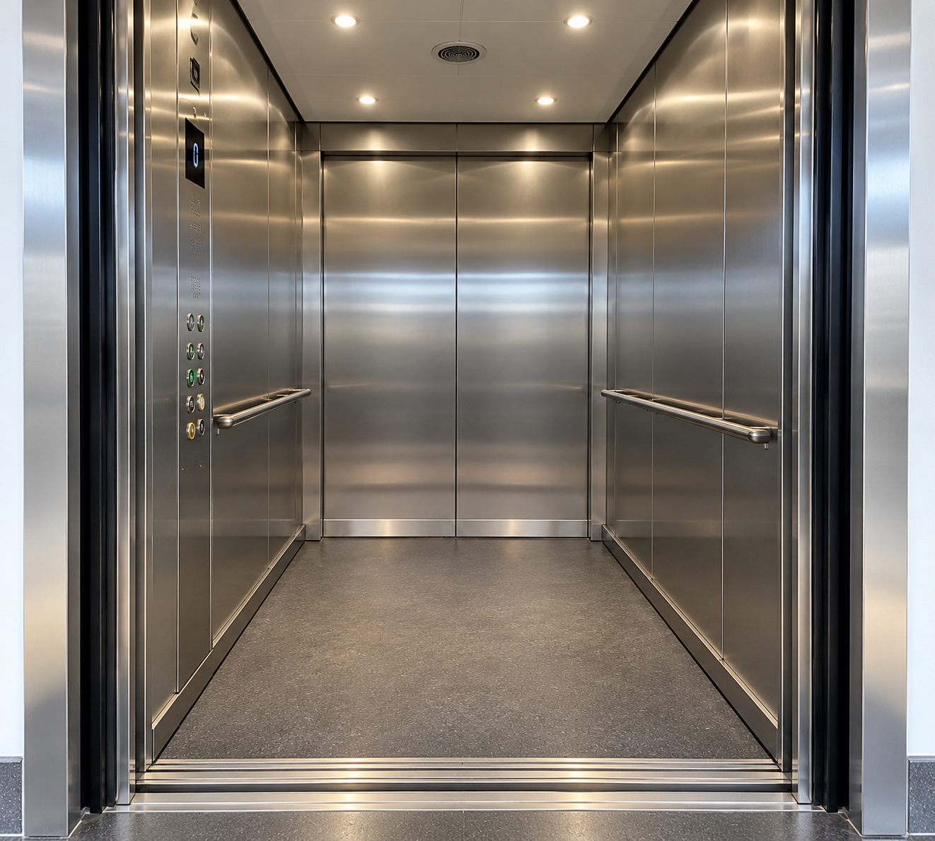 Empty modern elevator interior with brushed metal walls, handrails on both sides, control panel with buttons and floor indicator showing floor 0, and overhead lights.