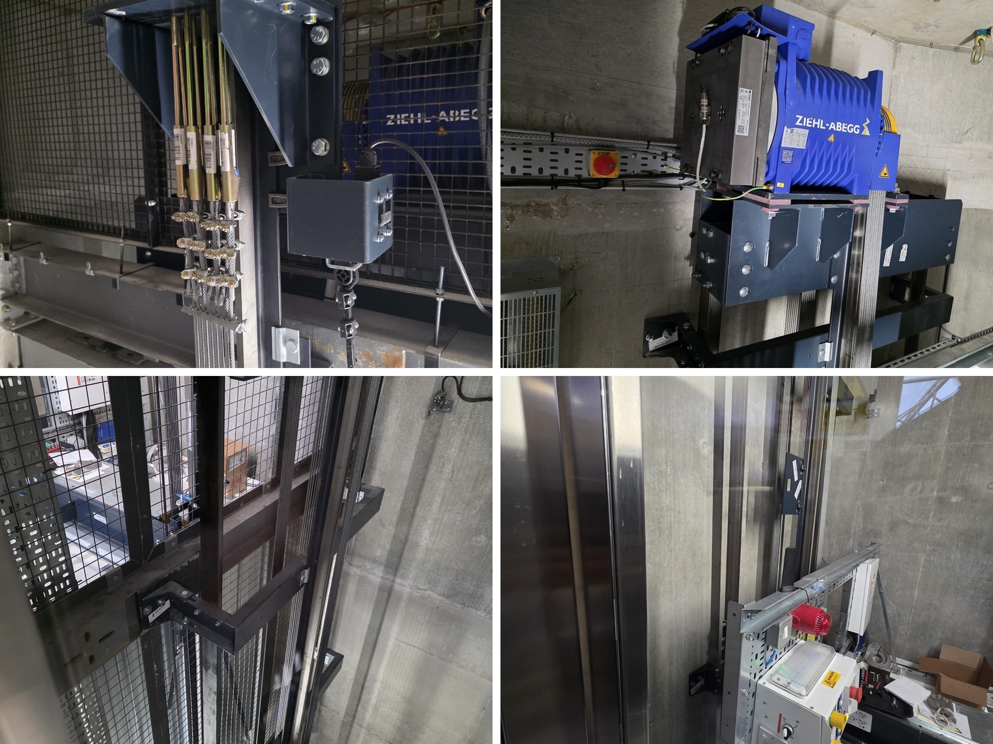 Four-panel collage showing different parts of an industrial elevator system: top left shows steel ropes and mechanical components; top right shows a Ziehl-Abegg motor unit mounted on a concrete wall; bottom left displays the elevator shaft with metal framework and cables; bottom right highlights control panels, electrical components, and warning devices inside the elevator shaft.