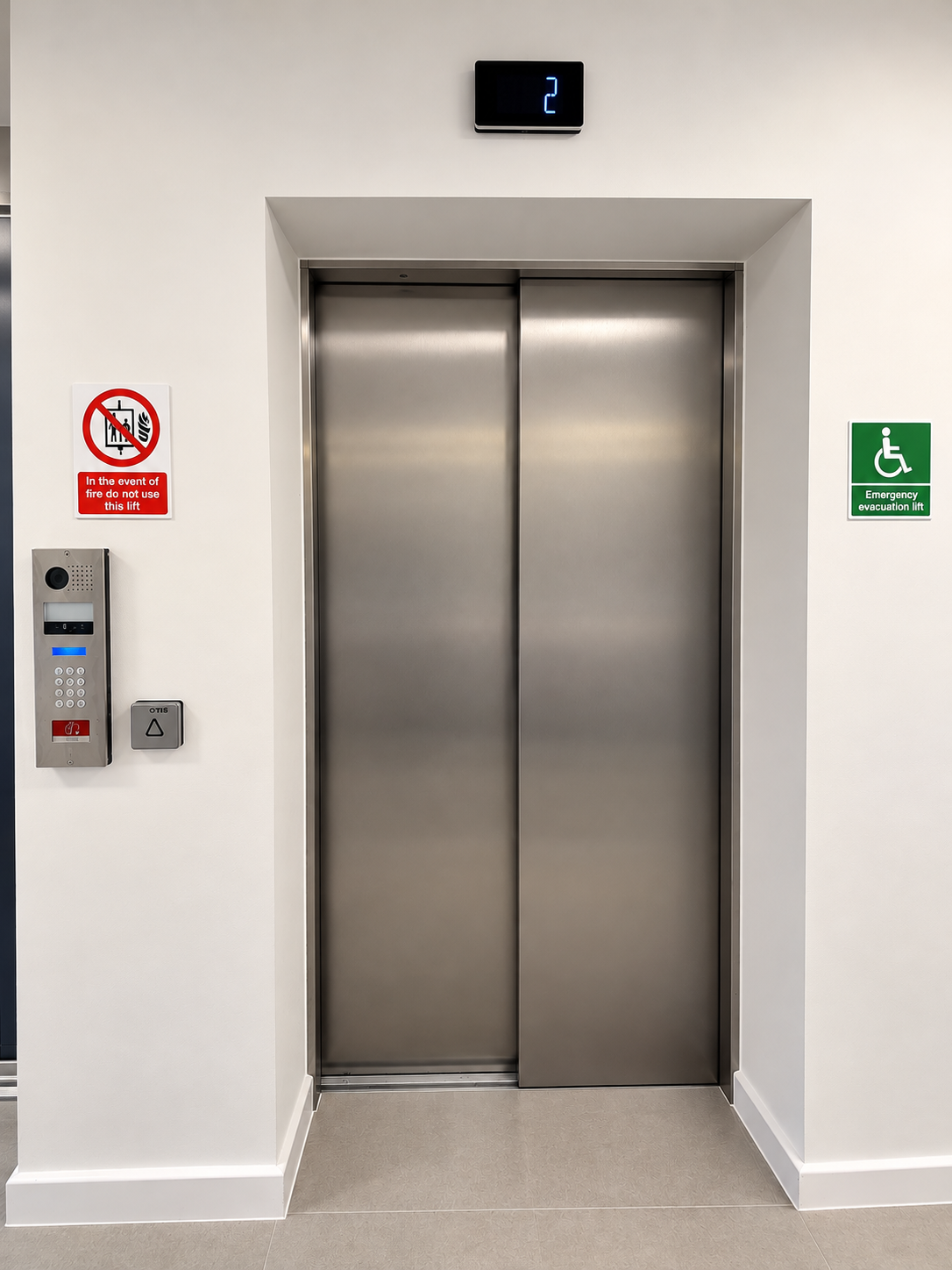 Closed stainless steel elevator doors in a white wall with a digital floor indicator showing number 2 above. On the left side, there's an intercom panel with buttons and a red emergency sign. A red and white sign warns not to use the lift in case of fire. On the right side, a green sign indicates the elevator is an emergency evacuation lift for wheelchair users.