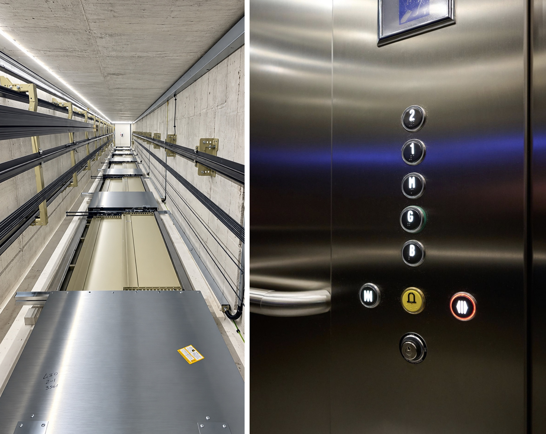Side-by-side images showing an elevator shaft with rails and cables on the left, and an elevator control panel with buttons for floors 2, 1, M, G, B, door open, door close, and an alarm button on the right.