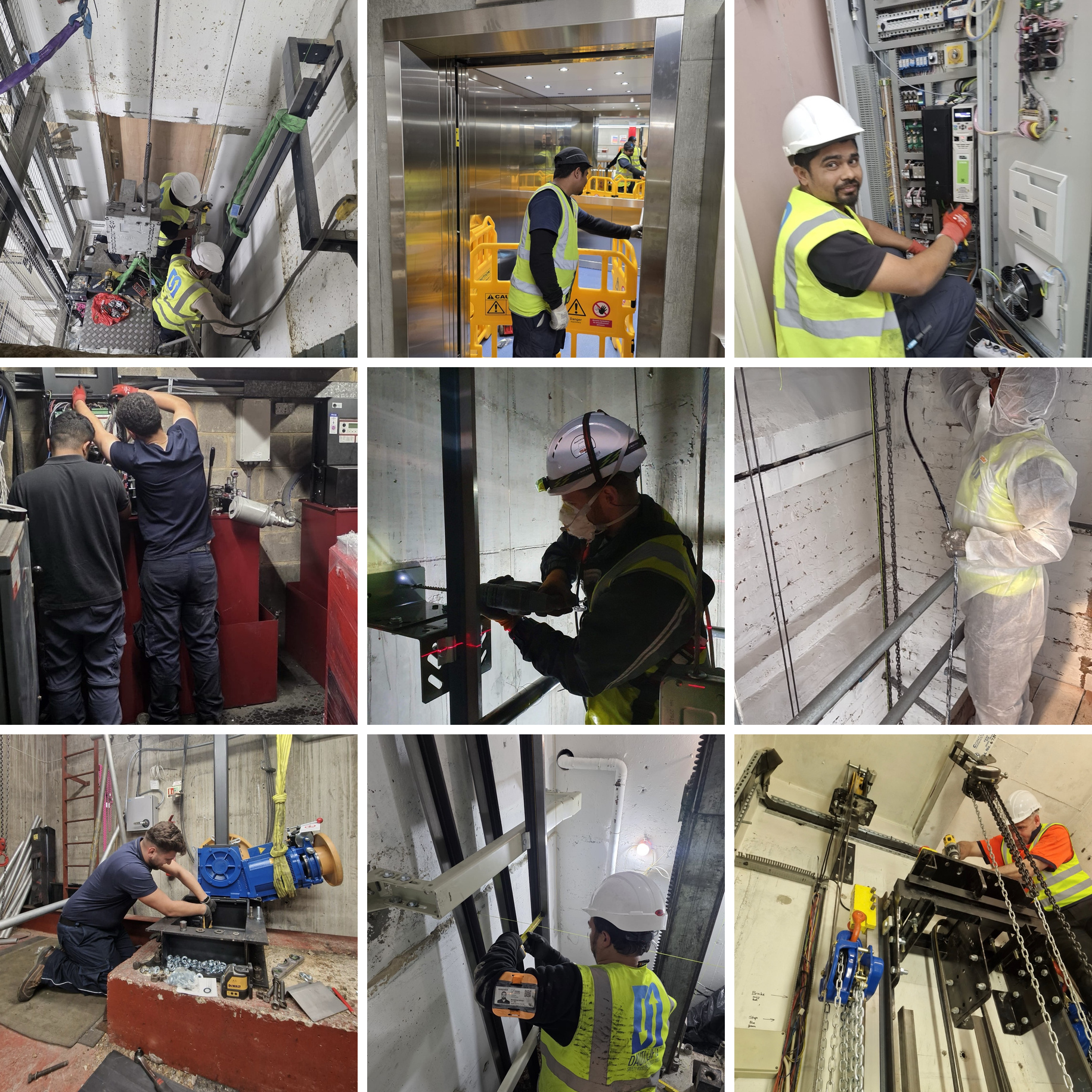Collage of nine images showing workers in safety gear performing various elevator installation and maintenance tasks, including wiring, measuring, drilling, and assembling elevator components in industrial settings.
