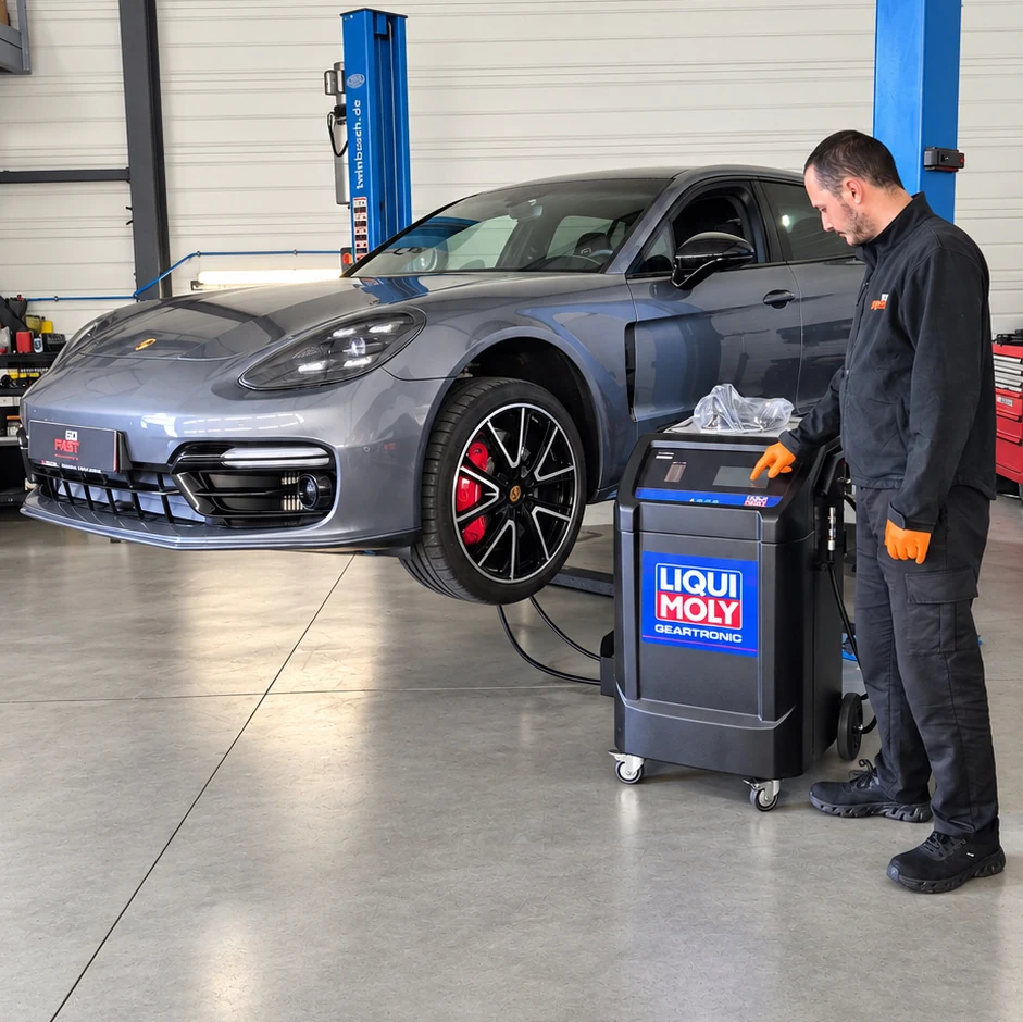 Technicien GOFAST intervenant avec la machine de vidange de boîte automatique