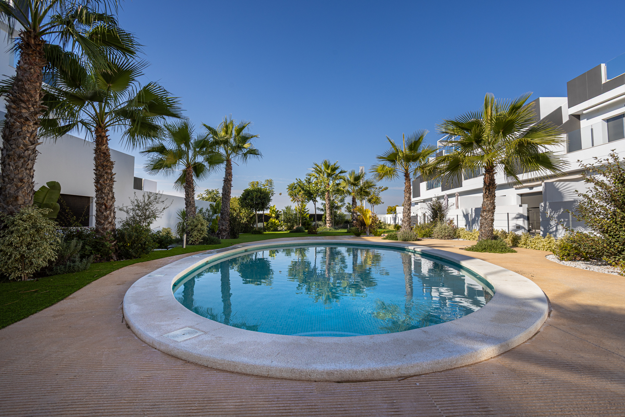 Rond gemeenschappelijk zwembad omringd door palmbomen bij Nature Views, Torrevieja, de locatie van Casa D3