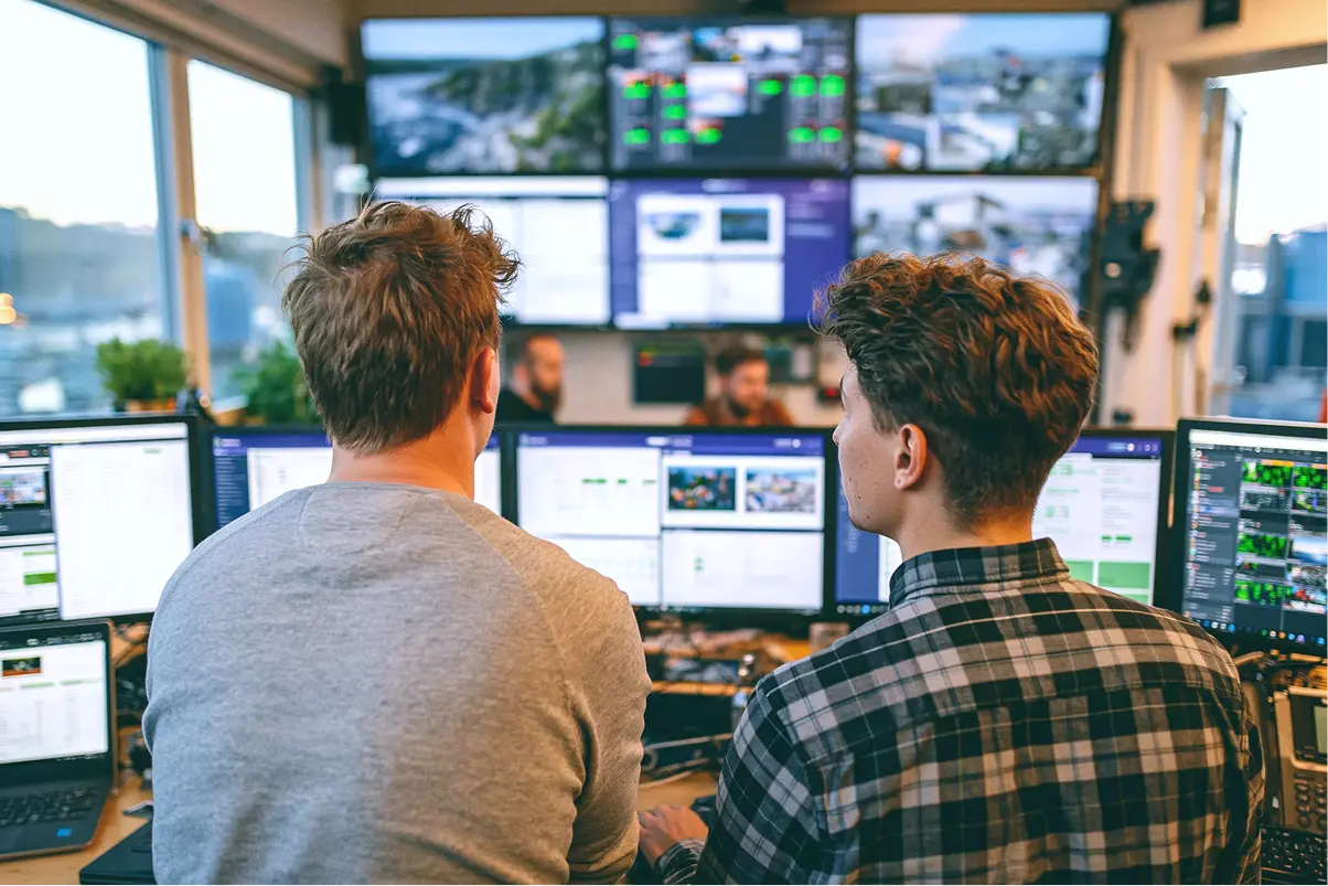 Two men sitting side by side in front of multiple computer monitors displaying various data, charts, and live camera feeds in a bright control room with large windows.