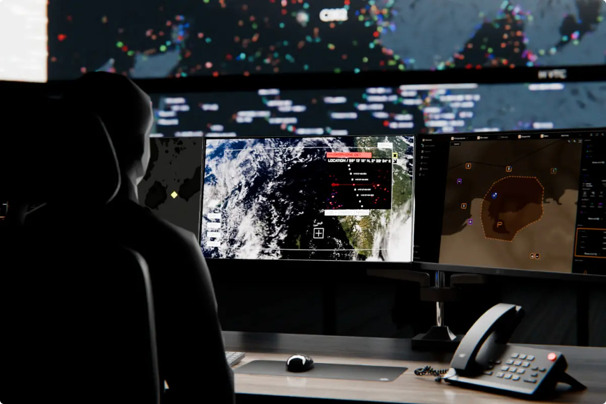 Silhouette of a person sitting in front of two large computer monitors on a desk, displaying a satellite weather map and a tactical map, with a telephone on the desk.