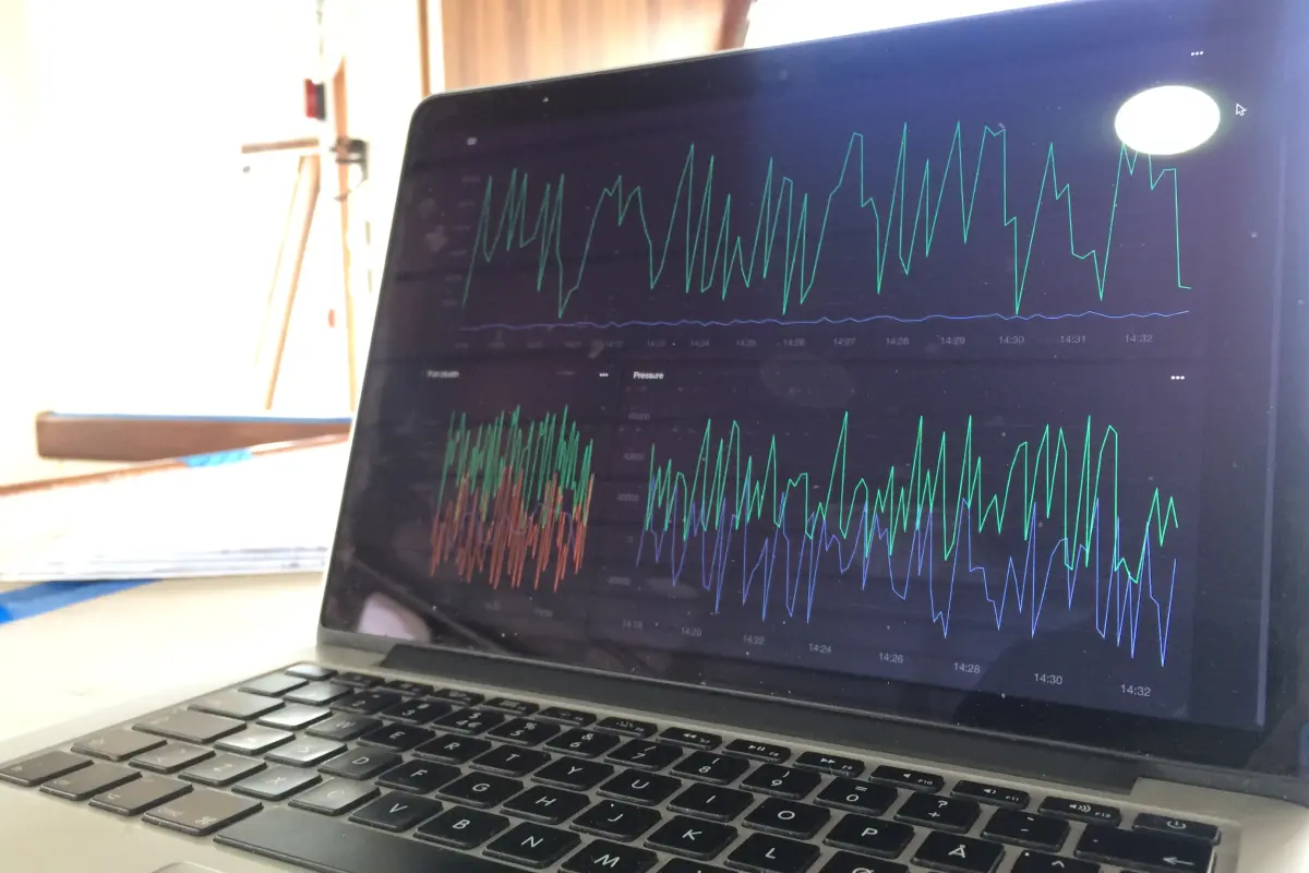 Laptop on a table displaying multiple line graphs with fluctuating data points on its screen, with bright light reflecting on the screen.