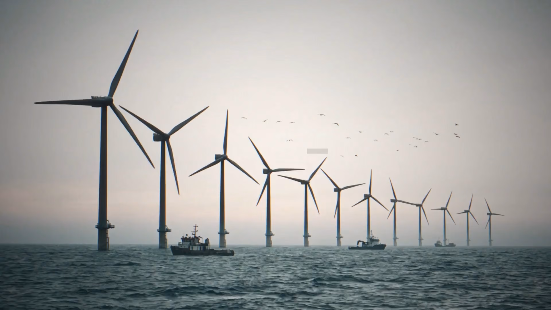 A row of offshore wind turbines standing in the sea with two service boats nearby and birds flying in the cloudy sky.