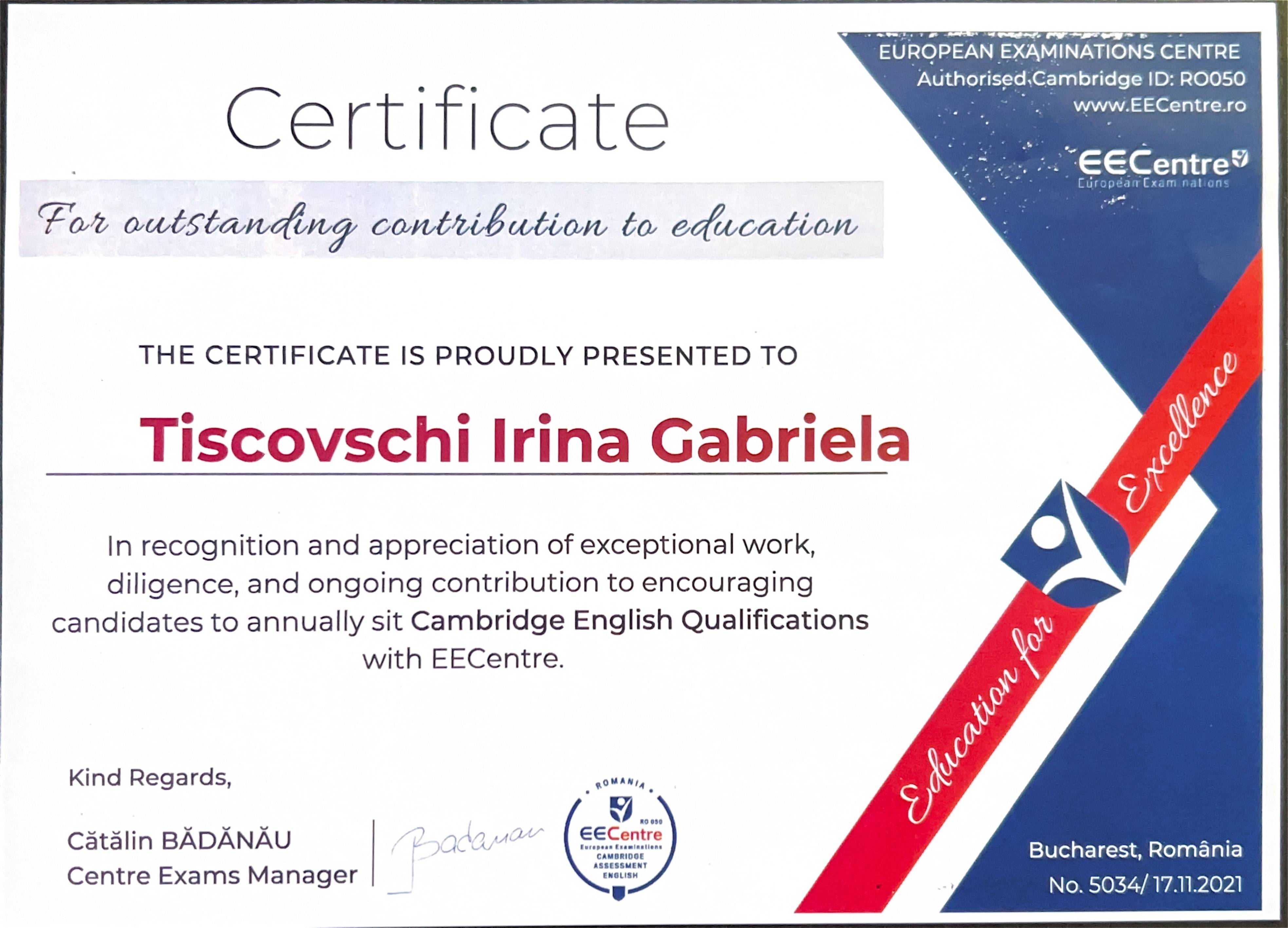 Outstanding contribution to education certificate