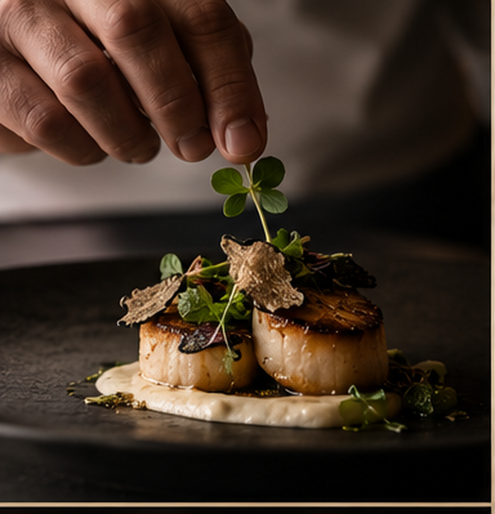 Finishing seared scallops with a delicate garnish