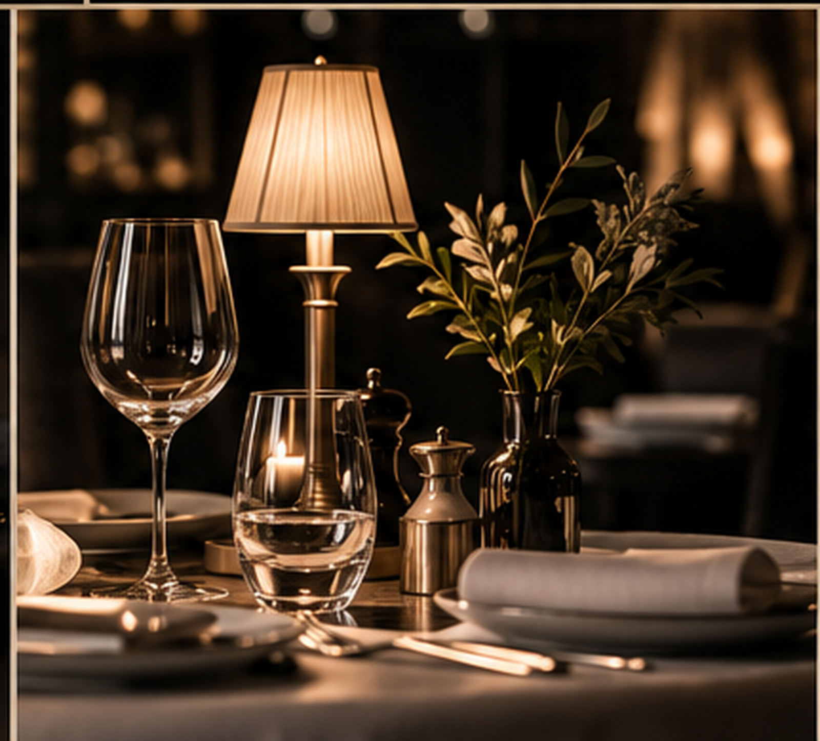 Warmly lit restaurant table with glassware, linen and a bronze lamp