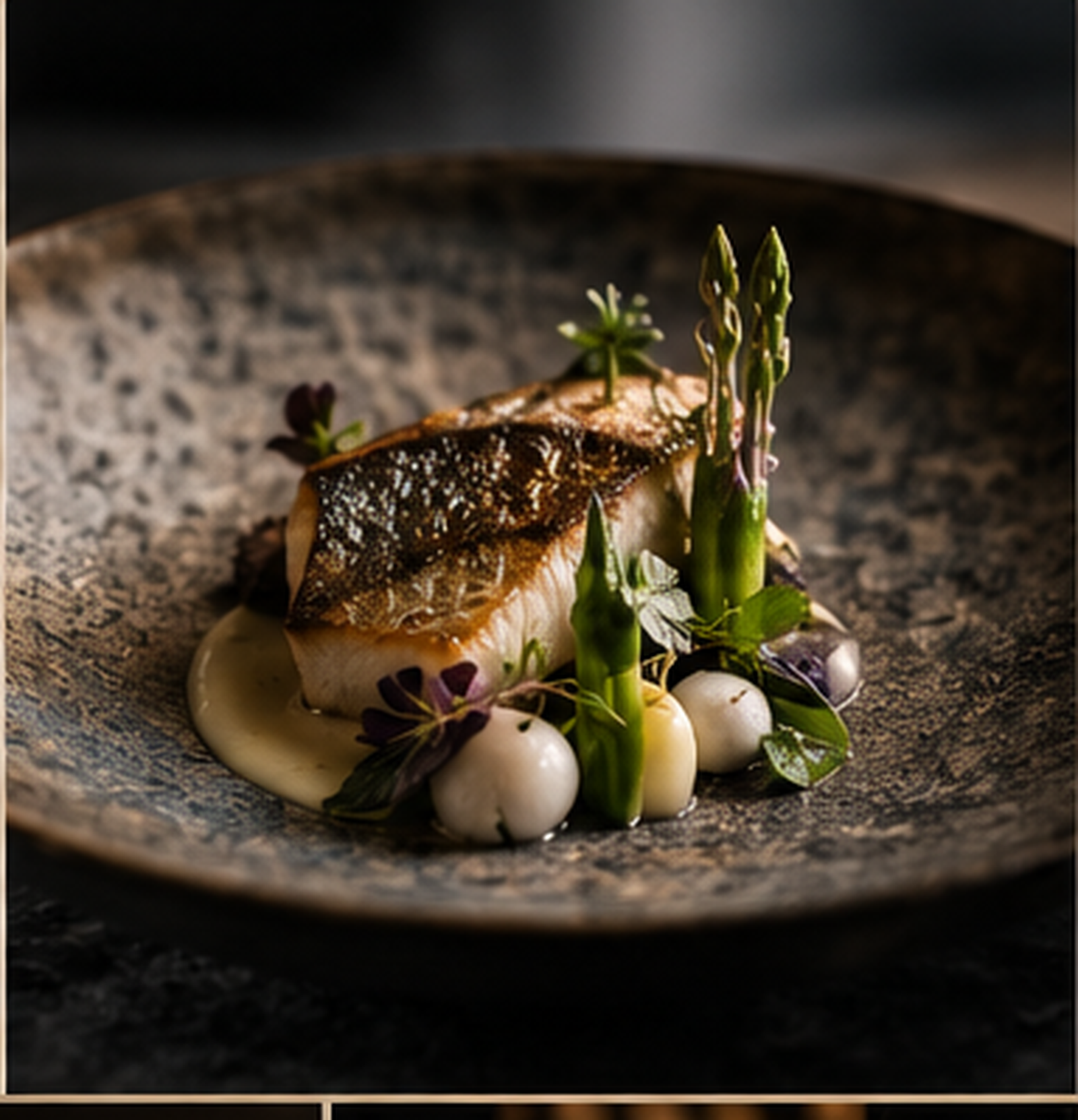 Carefully plated fish with asparagus and seasonal vegetables