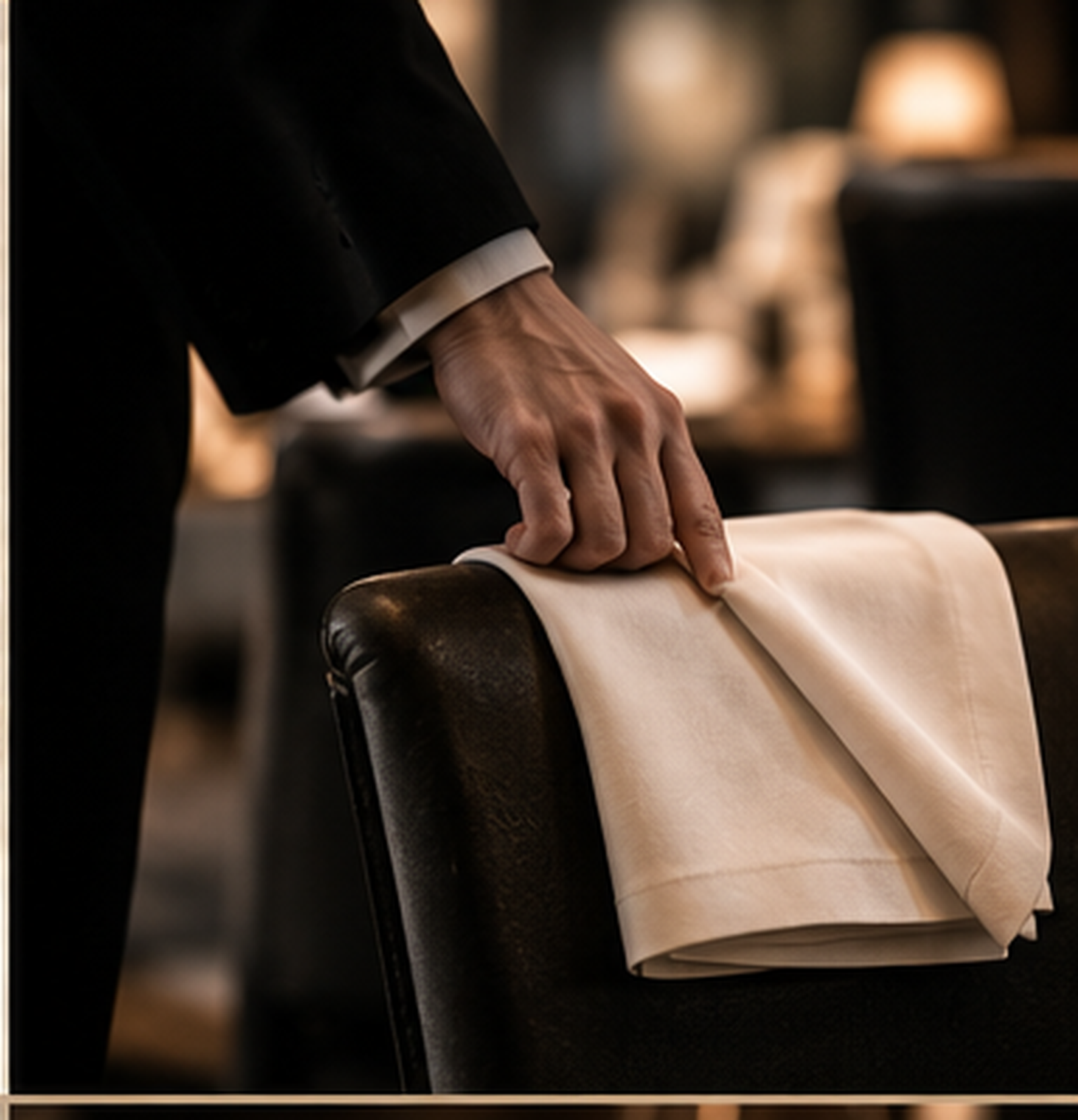 A team member carefully arranging a linen napkin
