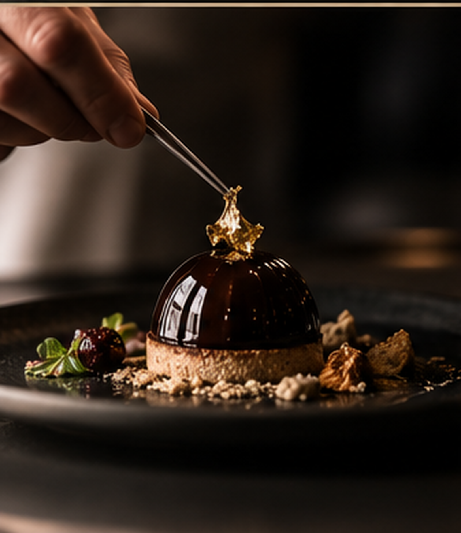 Finishing a chocolate dessert with gold leaf