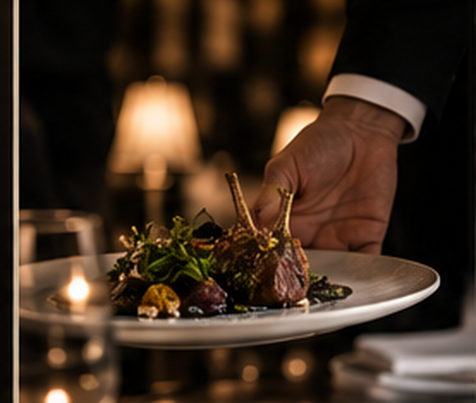 A plated dish being presented to a restaurant guest