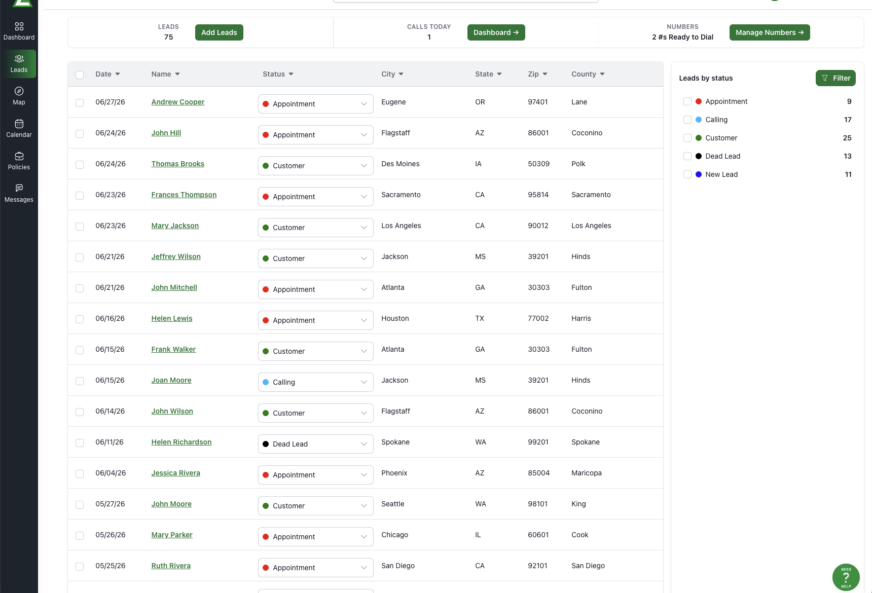 Lineage CRM leads view