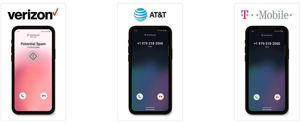 The same number shown on three carriers: flagged as Potential Spam on Verizon, and displaying clean on AT&T and T-Mobile.