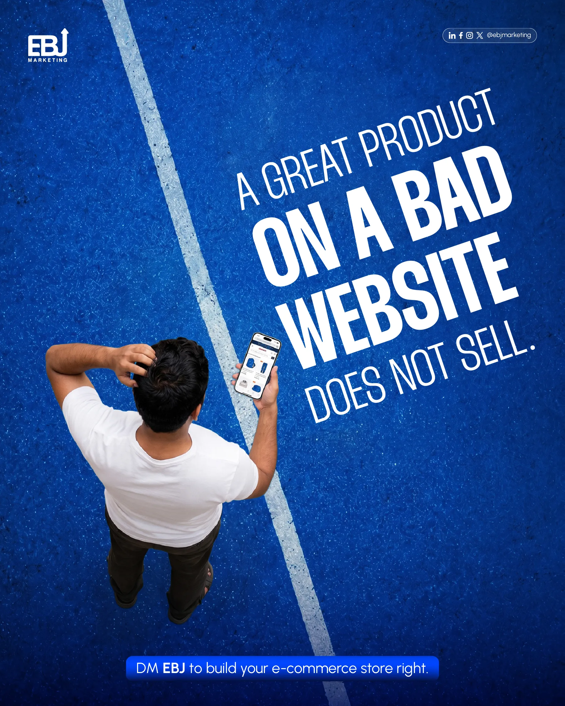 EBJ e-commerce creative with a running-track composition and bold website headline.