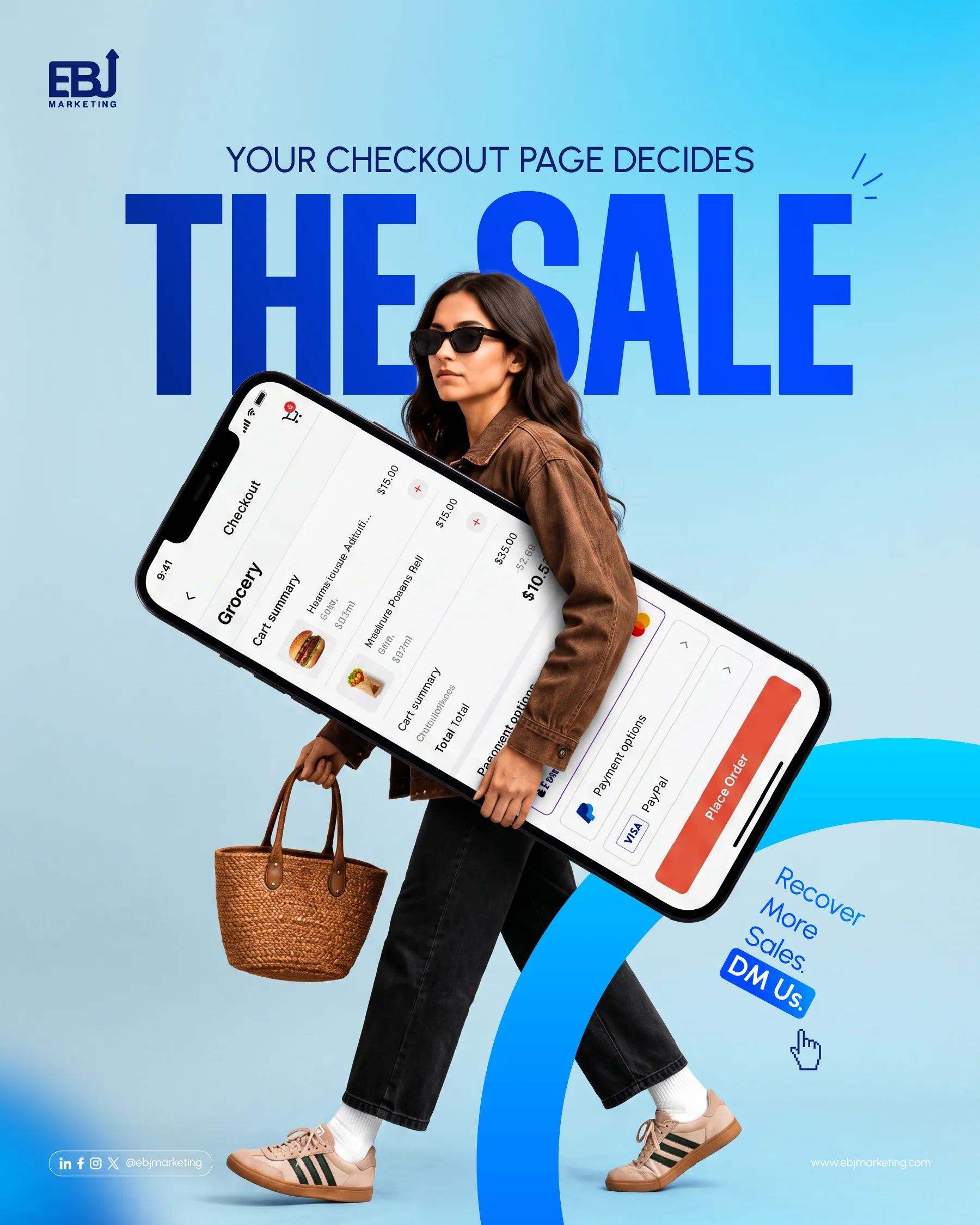 EBJ checkout campaign featuring a shopper, oversized mobile checkout screens and The Sale headline.
