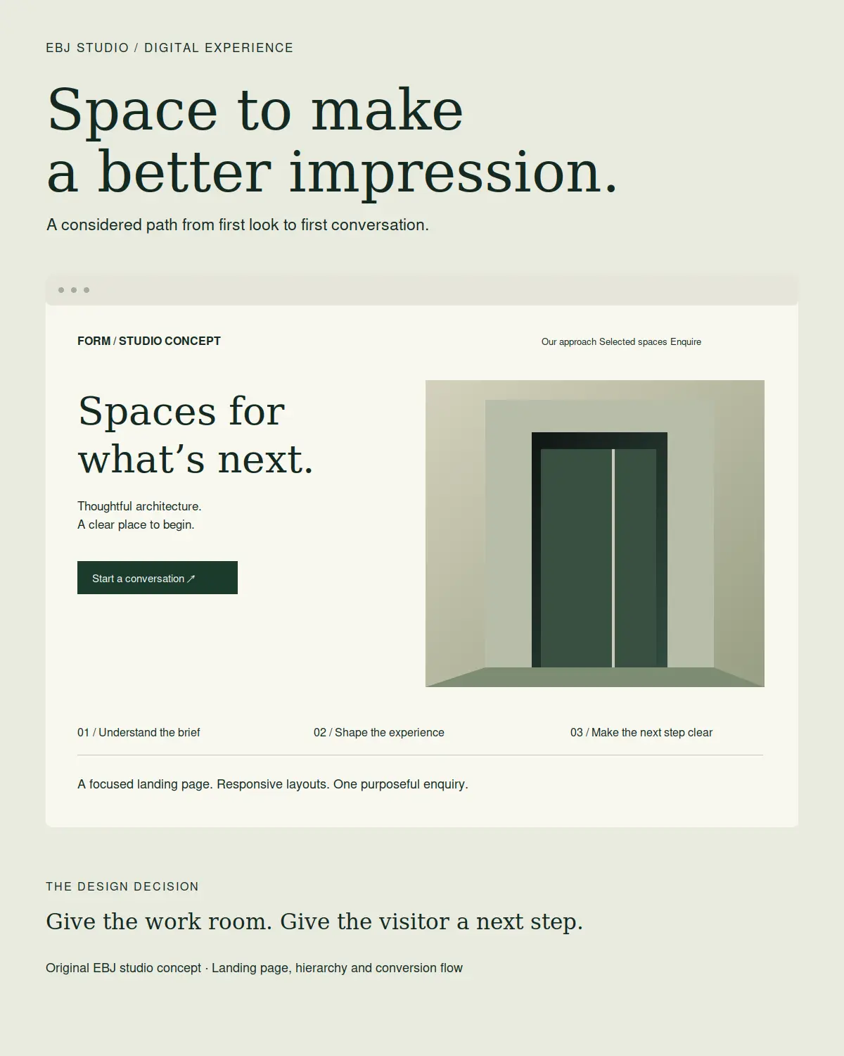EBJ studio architecture landing page concept with stone-green spatial illustration, editorial typography and a clear enquiry call to action.