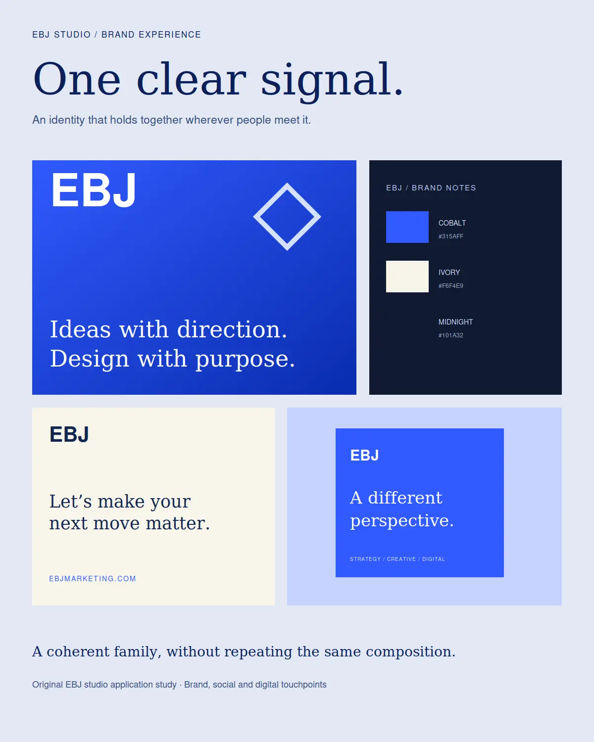 EBJ brand application board with cobalt and ivory identity compositions, colour swatches, social artwork and digital communication examples.