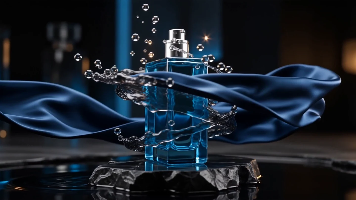 Unbranded cobalt glass fragrance bottle surrounded by water and blue silk in an original cinematic concept.
