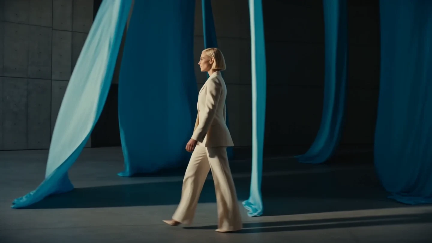 Woman in an ivory suit walking between concrete architecture and flowing blue fabric in a cinematic concept.
