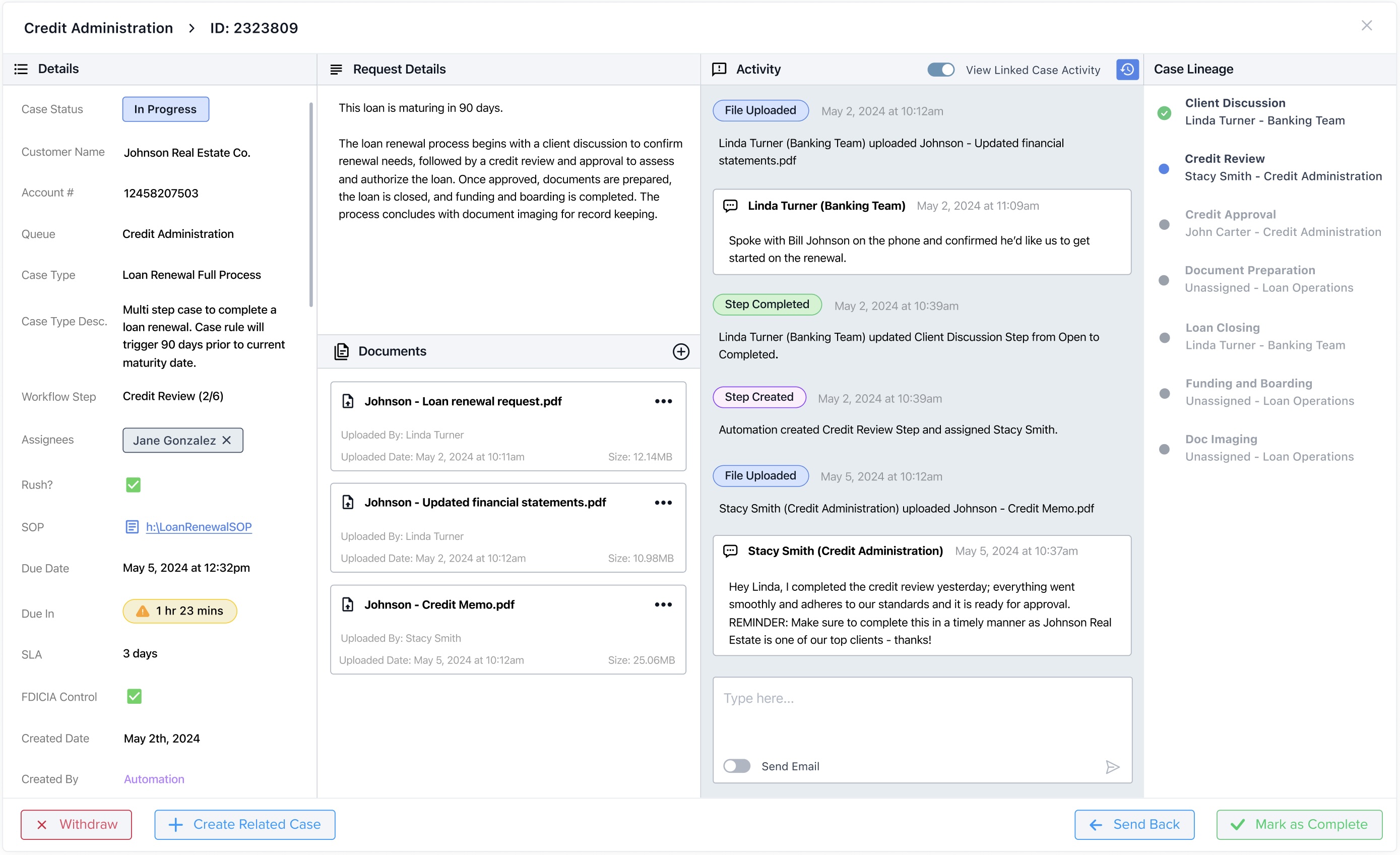 OperateX loan renewal case with assigned owner, documents, activity history, due date, and the sequence of workflow steps.