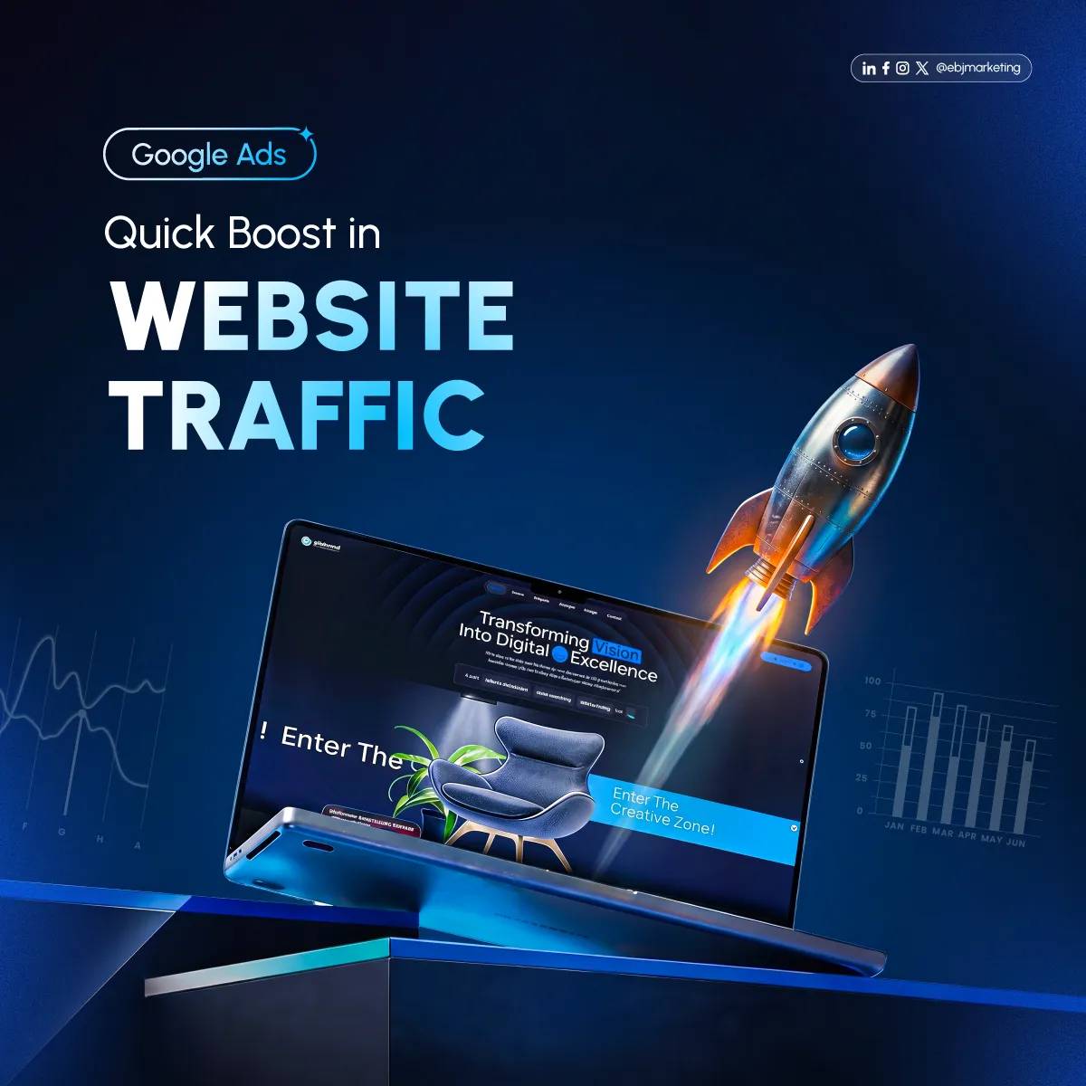 EBJ digital services creative with a website mockup, rocket illustration and deep blue lighting.
