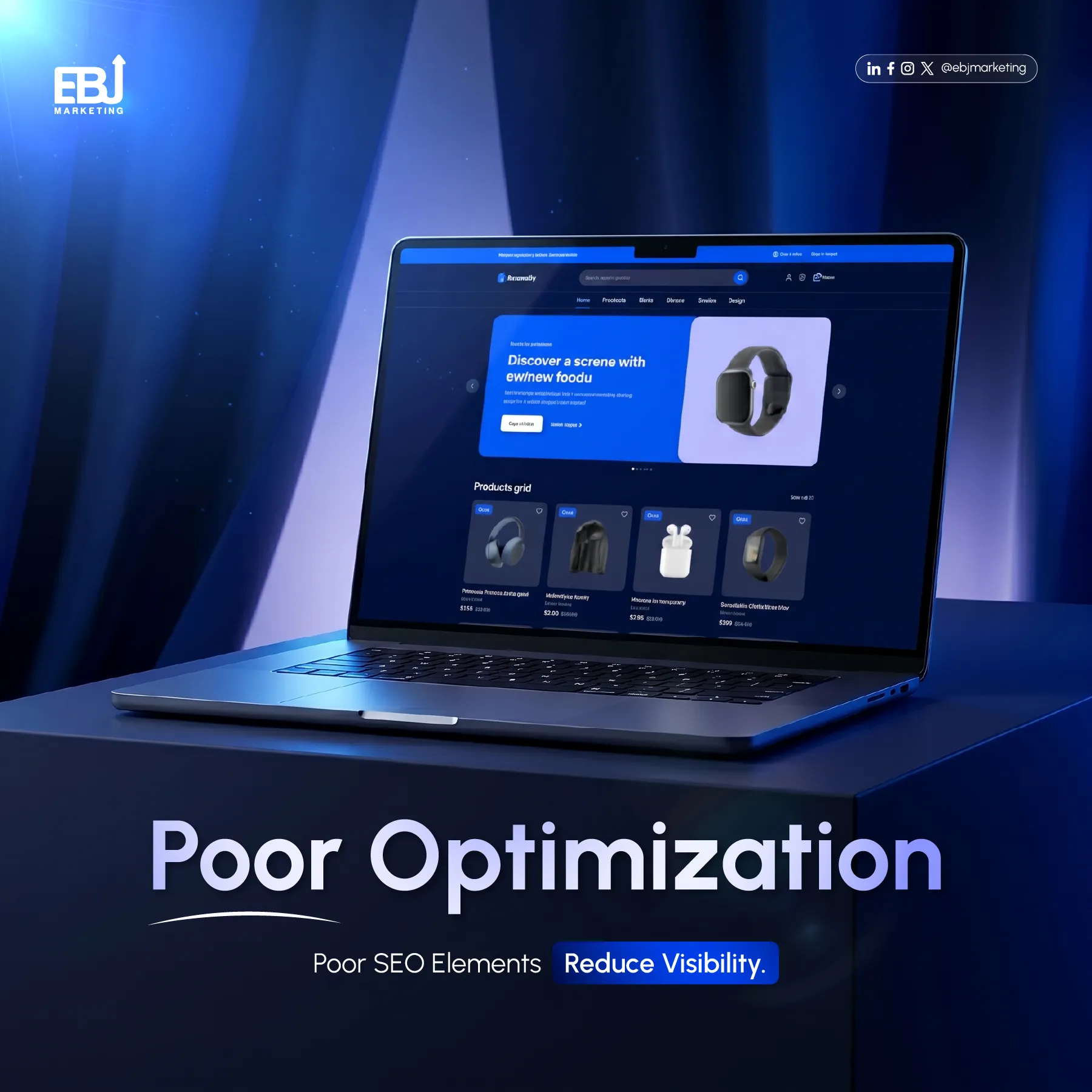 EBJ search creative with a laptop mockup and a message about website optimization and visibility.