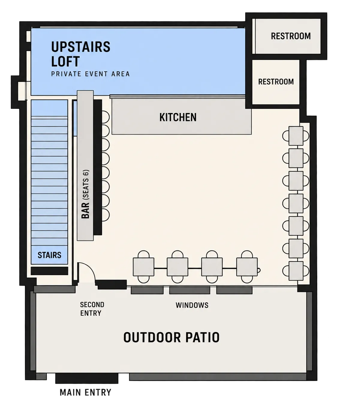 LOT F floor plan showing upstairs loft, bar, kitchen, restrooms, main floor seating, windows, entries and outdoor patio.