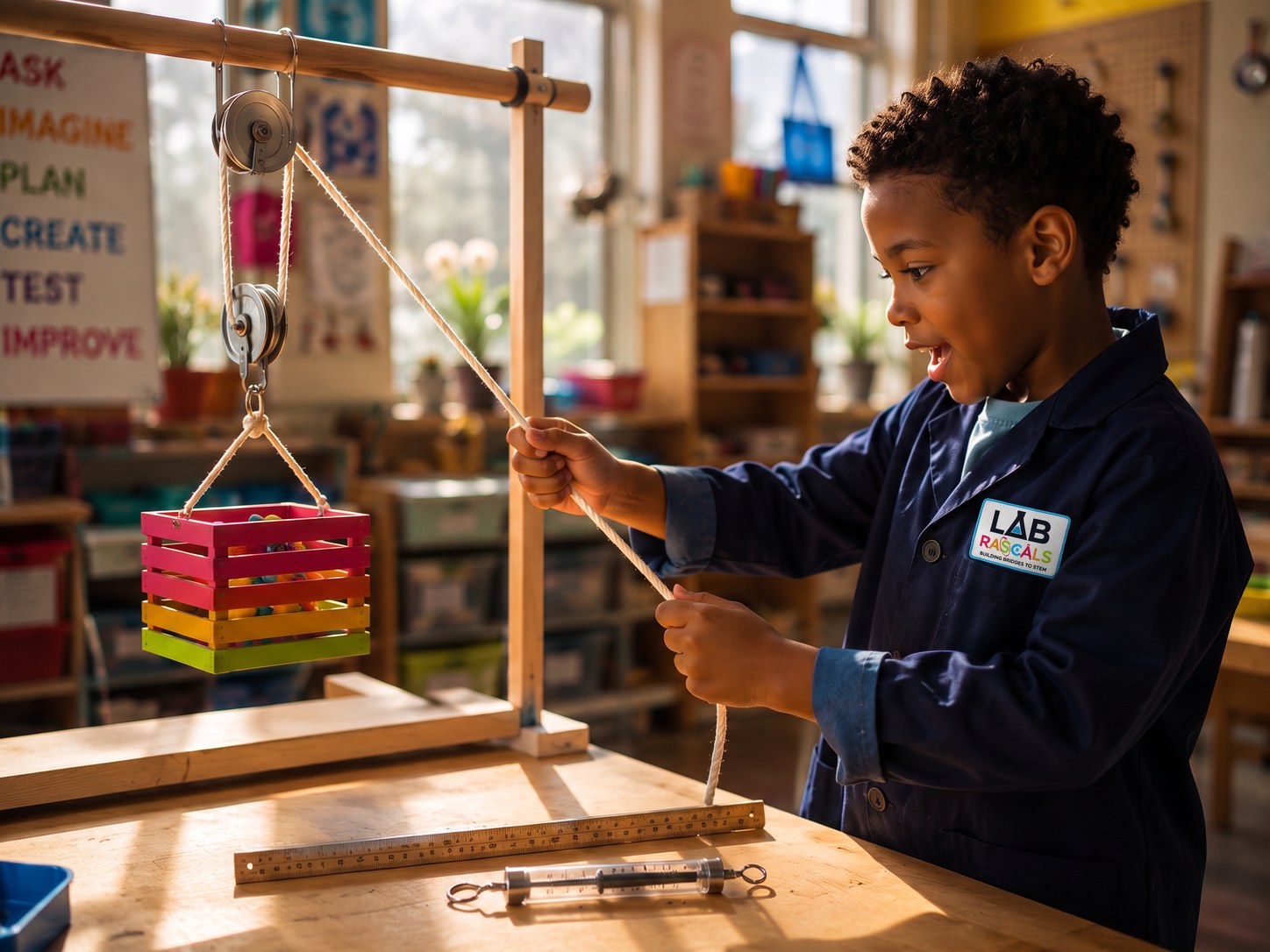 Student experimenting with a simple machine