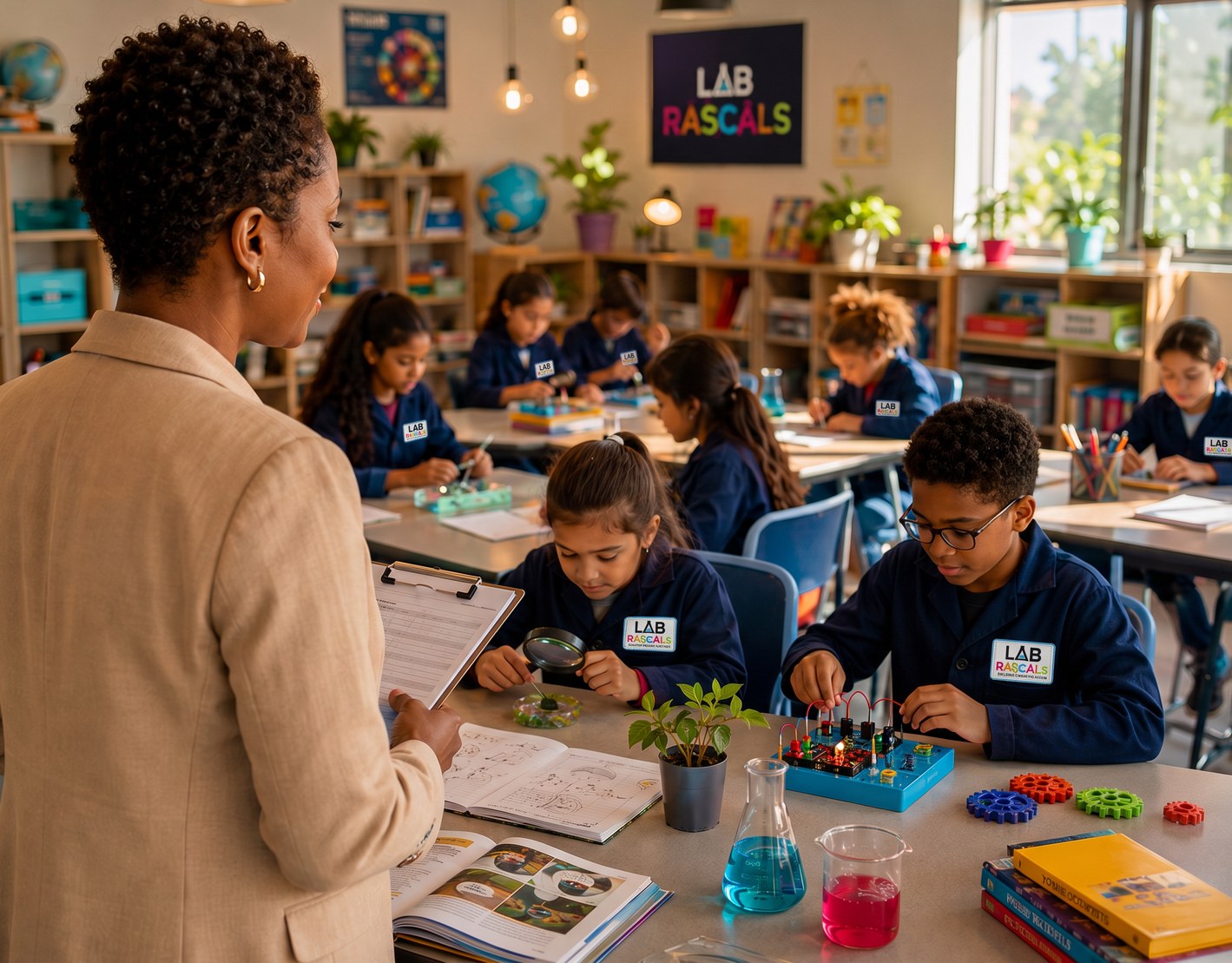A school leader observing students during a hands-on STEM lesson
