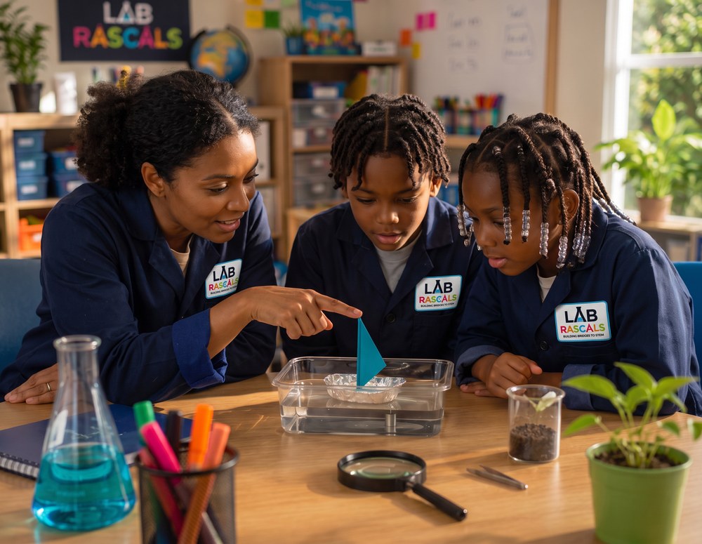 A teacher guiding students through a hands-on STEM lesson