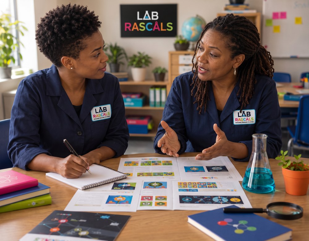 Two educators collaborating and reviewing teaching materials at a table