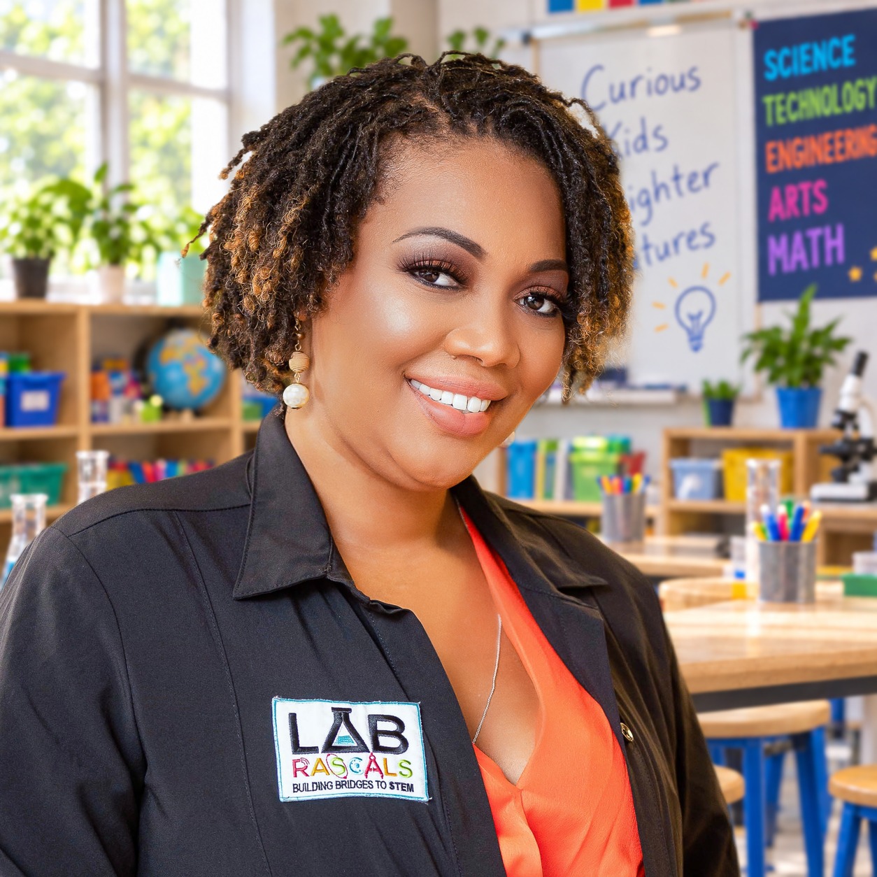 Lab Rascals founder smiling in a lab coat in a STEM classroom