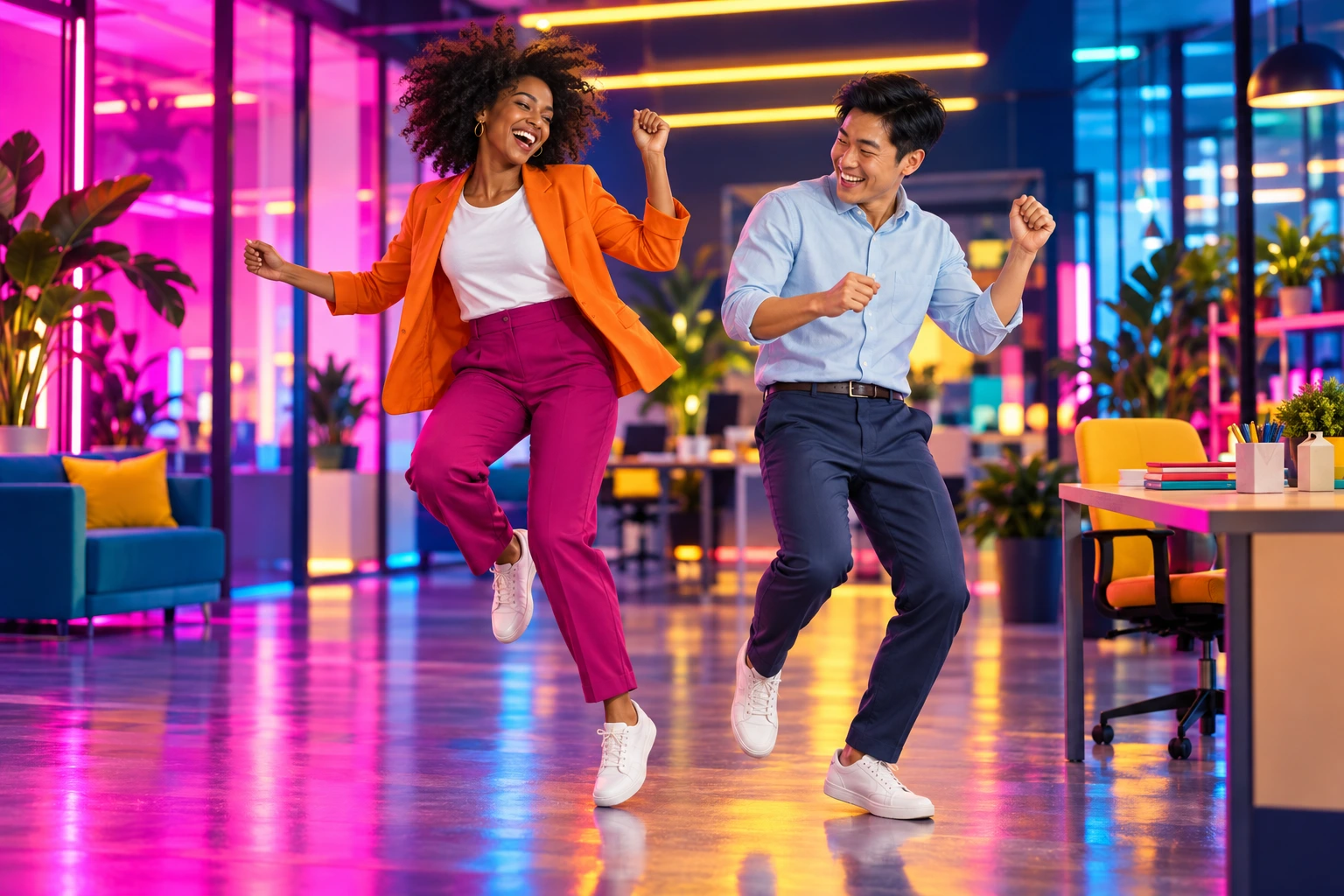 Two smiling colleagues dancing in a vibrant workplace lit with pink, cyan, and yellow