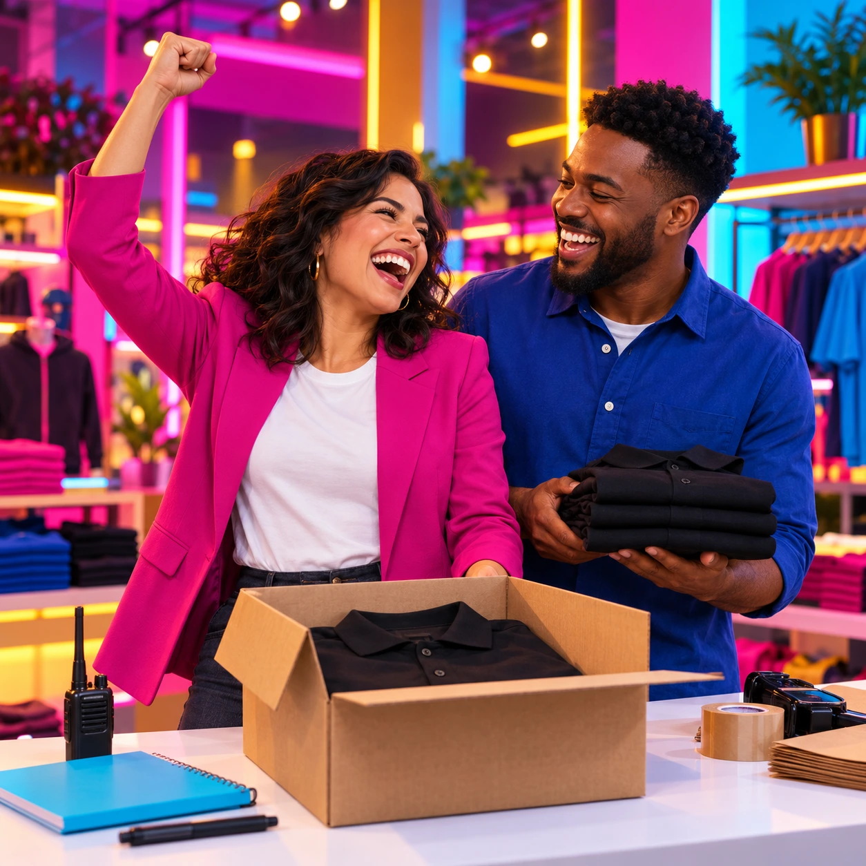 Two laughing retail colleagues celebrating beside an opening kit in a colorful store