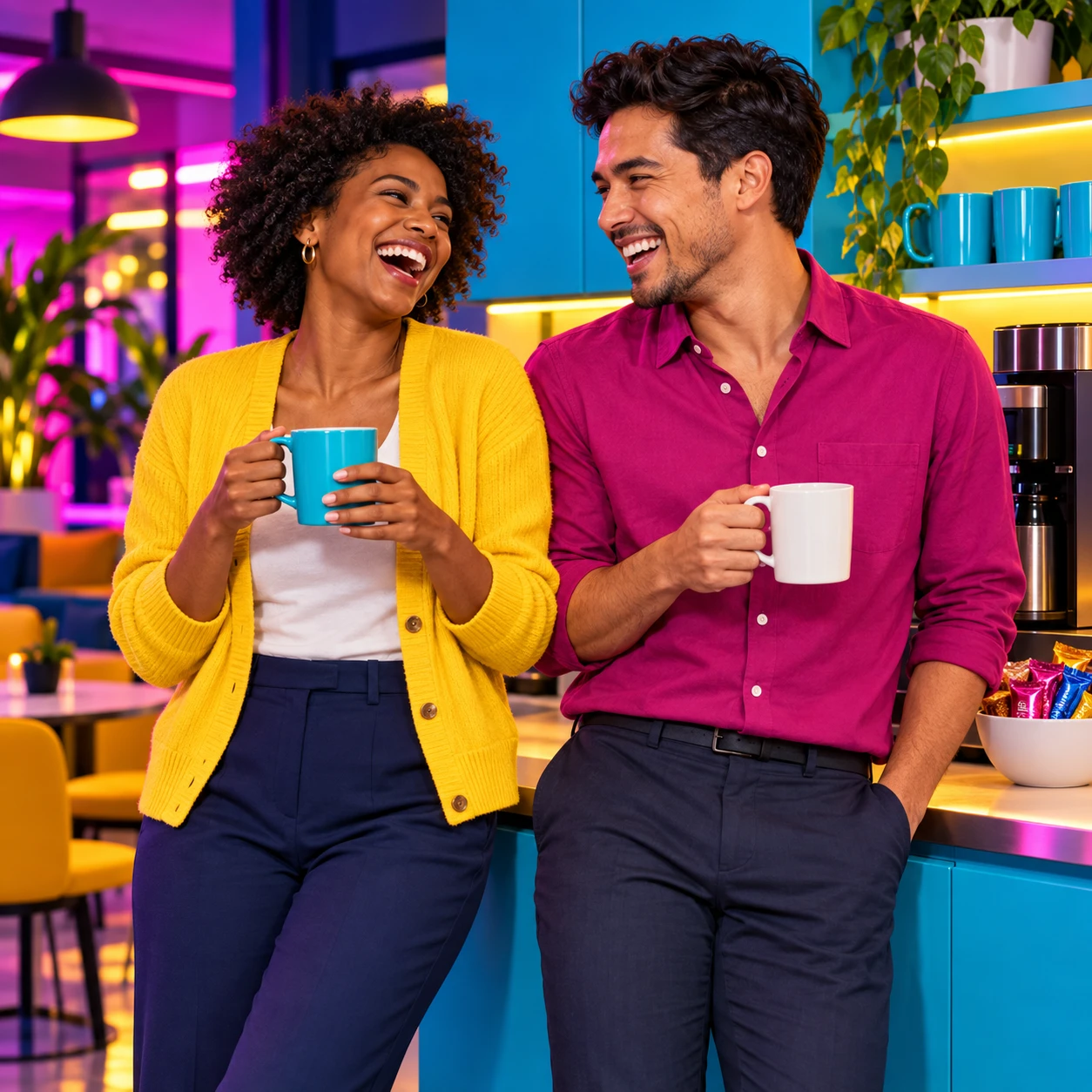 Two laughing colleagues sharing a coffee break in a bright pink, cyan, and yellow breakroom