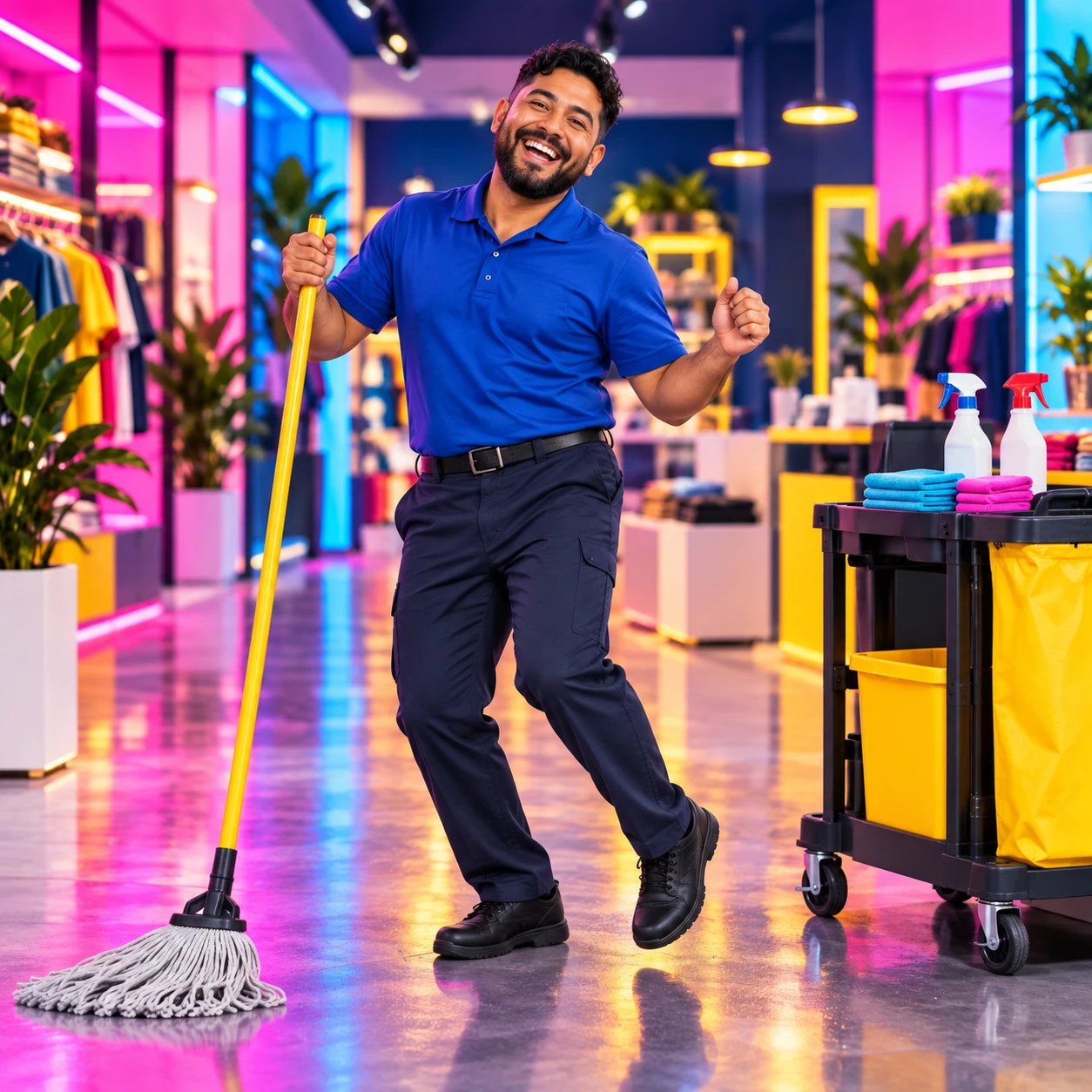 A smiling facilities professional dancing beside a mop and organized cleaning cart in a colorful store