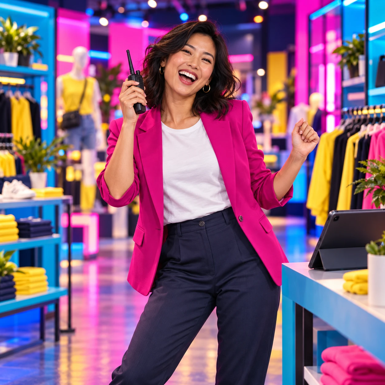 A smiling retail team leader holding a two-way radio in a vibrant colorful store