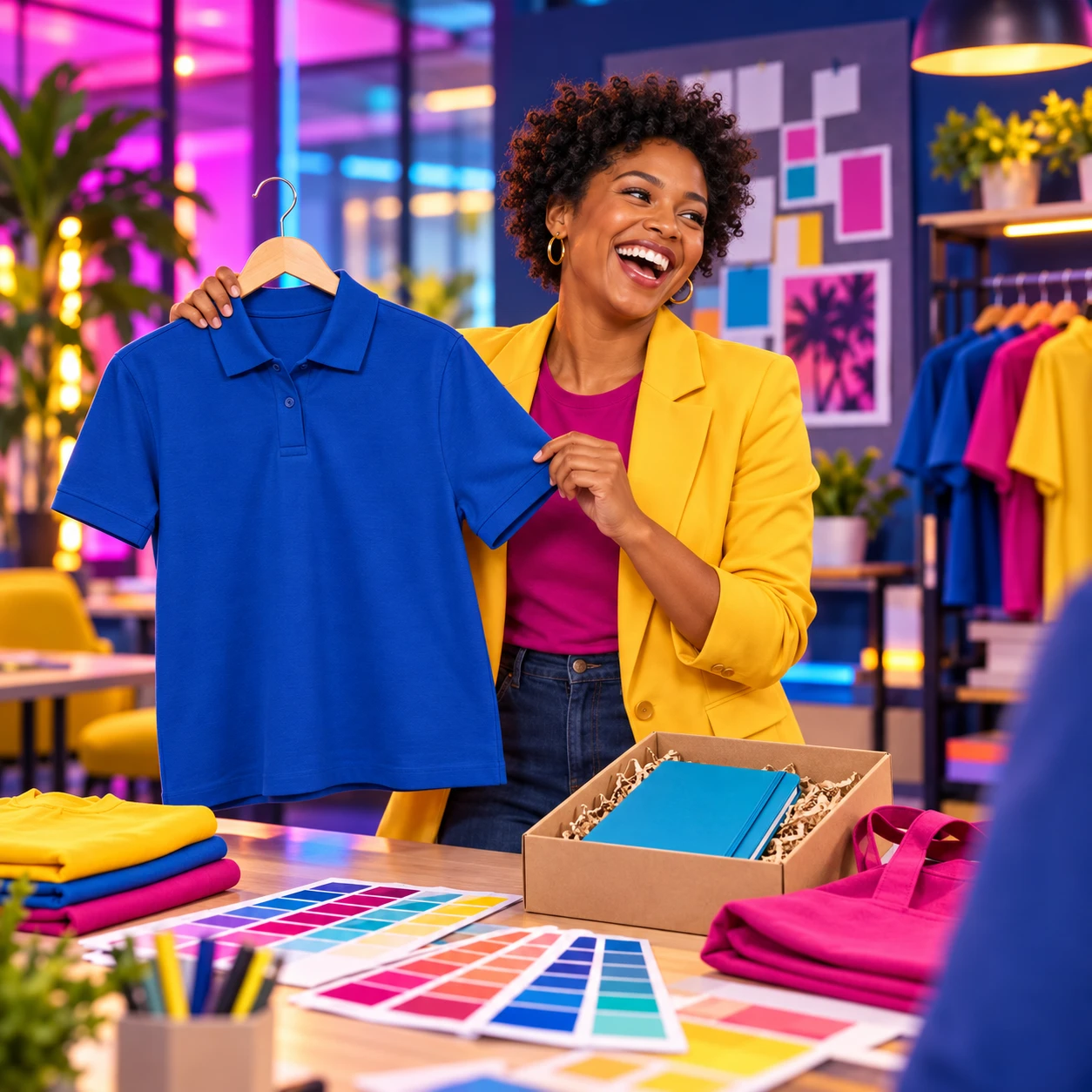 A laughing retail professional reviewing colorful apparel, print samples, and an employee kit