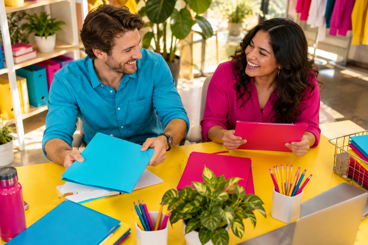 Two smiling colleagues organizing colorful folders and office supplies at a yellow table.