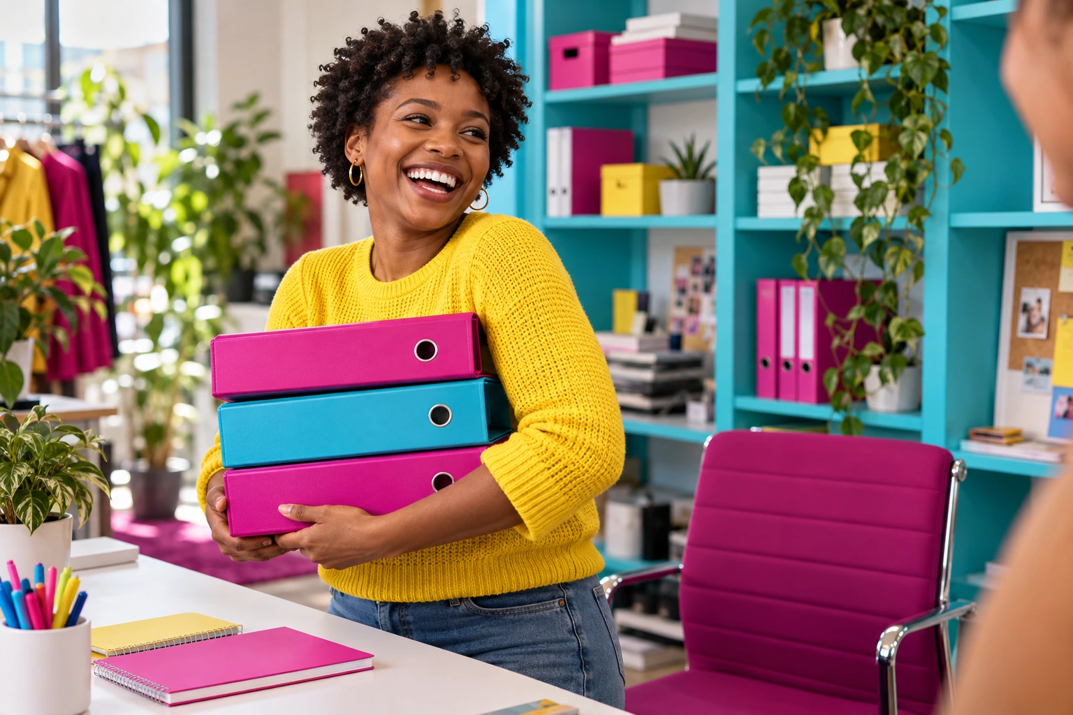 Smiling colleague carrying colorful office binders.