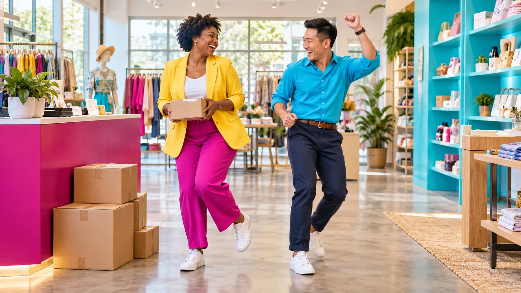 Two smiling retail colleagues celebrating a supply delivery in a colorful store.