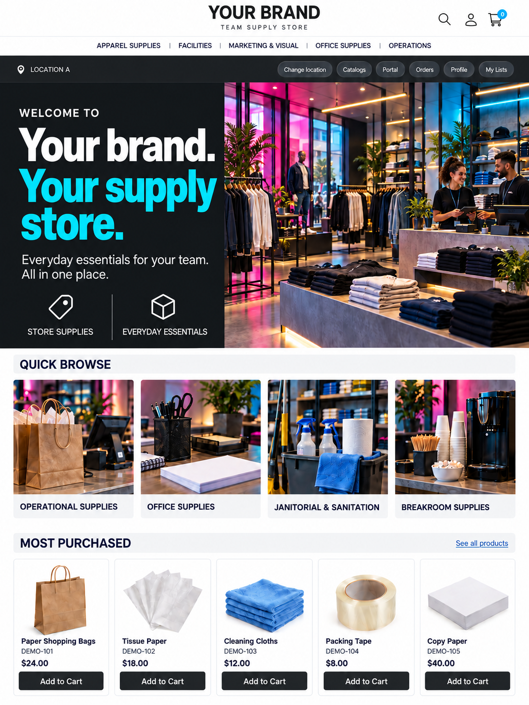 Illustrative customer-branded OrderPilot storefront with sample products.