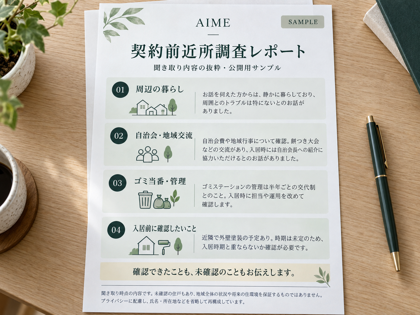 氏名などを除いて再構成した契約前近所調査レポートの見本