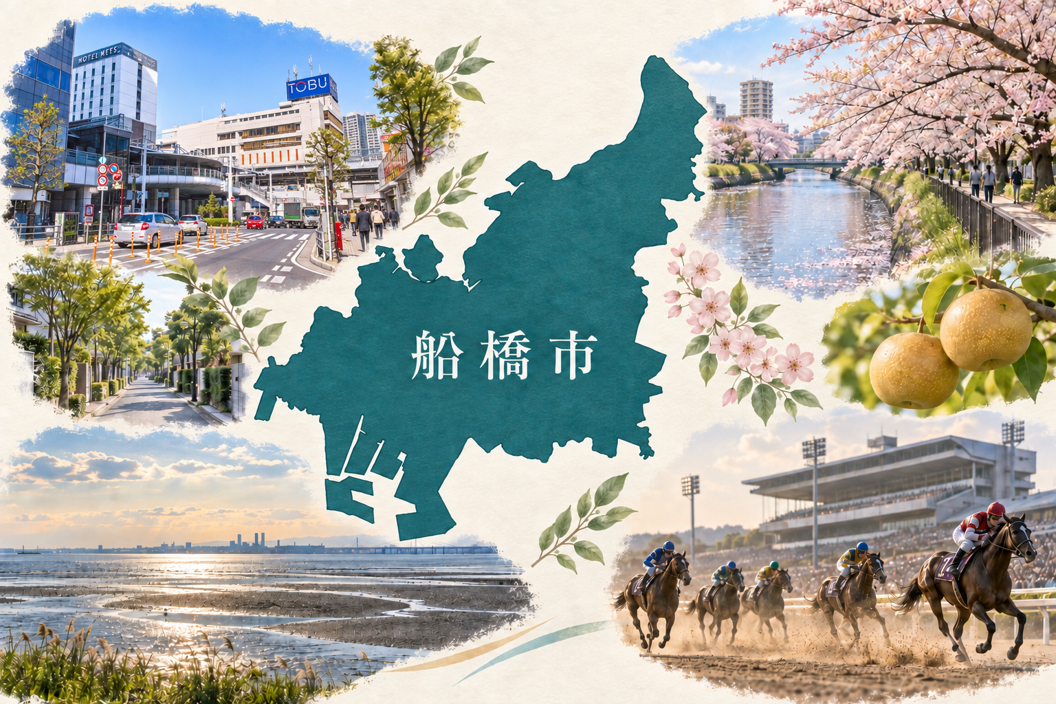 船橋市の形と駅前・桜・海辺を組み合わせたコラージュ