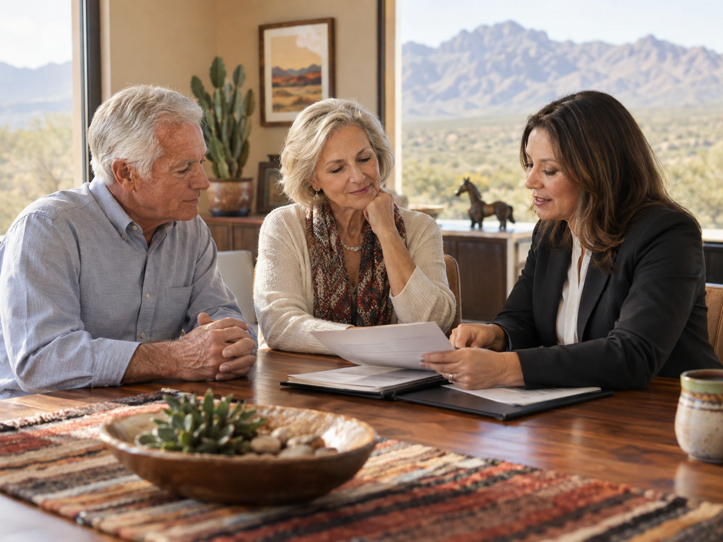 Older couple discussing estate planning with an advisor in a Southwestern setting