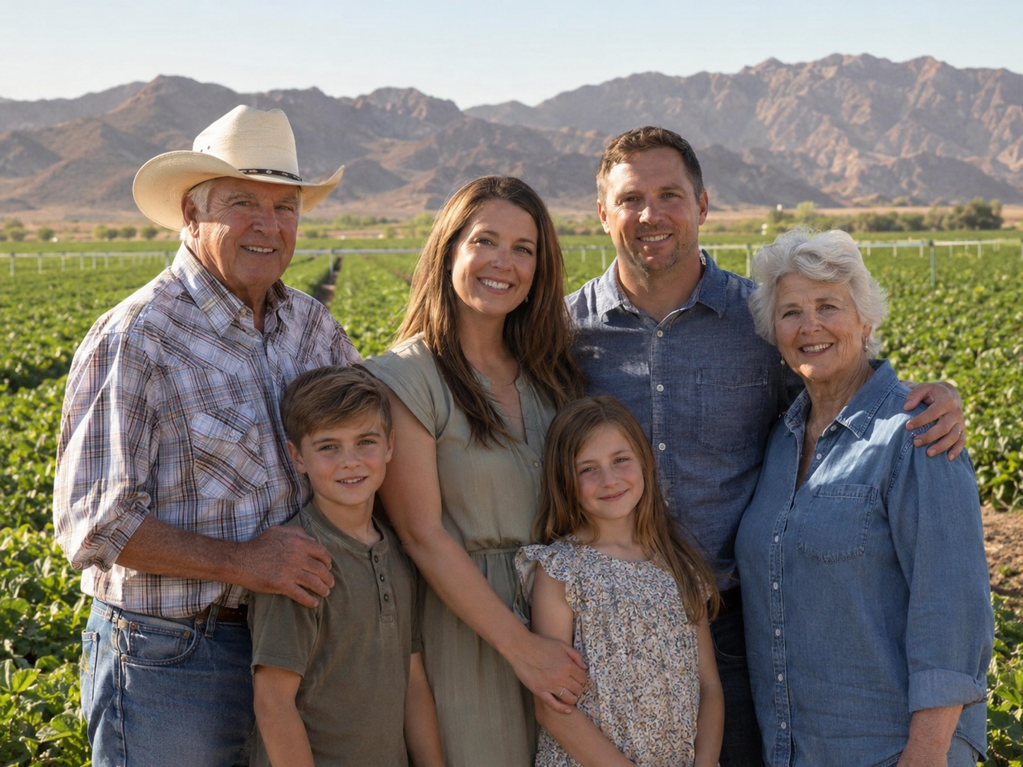 Multigenerational white family in agricultural fields near Yuma, Arizona